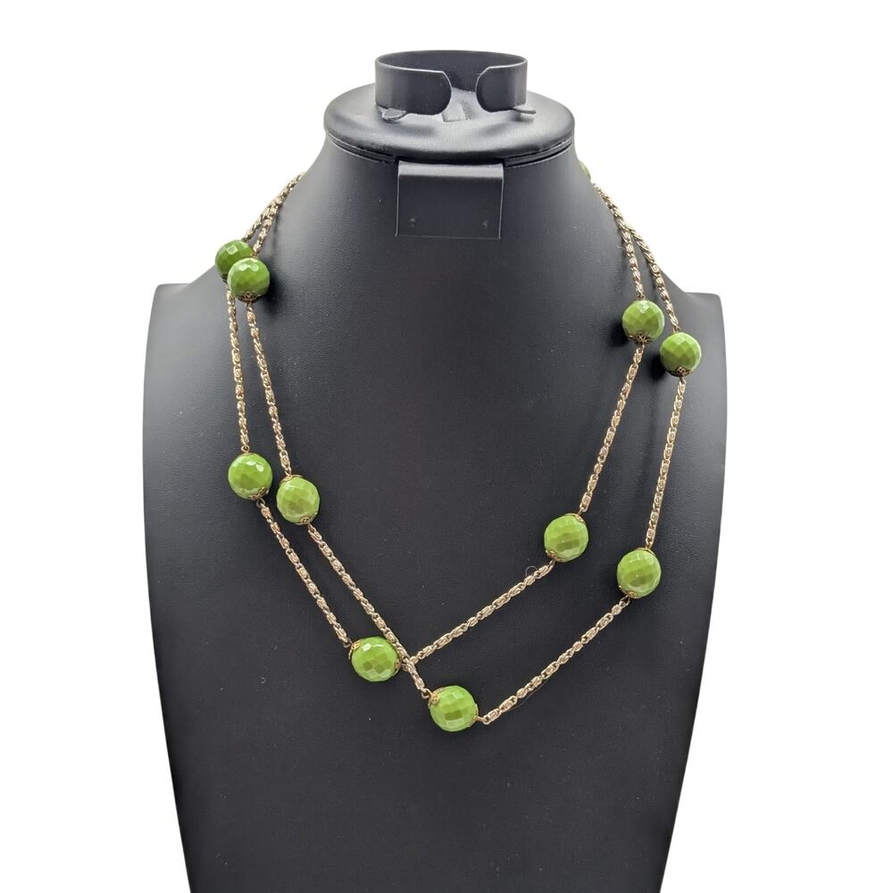 Vintage Gold Tone 46" Long Strand Chain Spring Green Czech Glass Bead Necklace